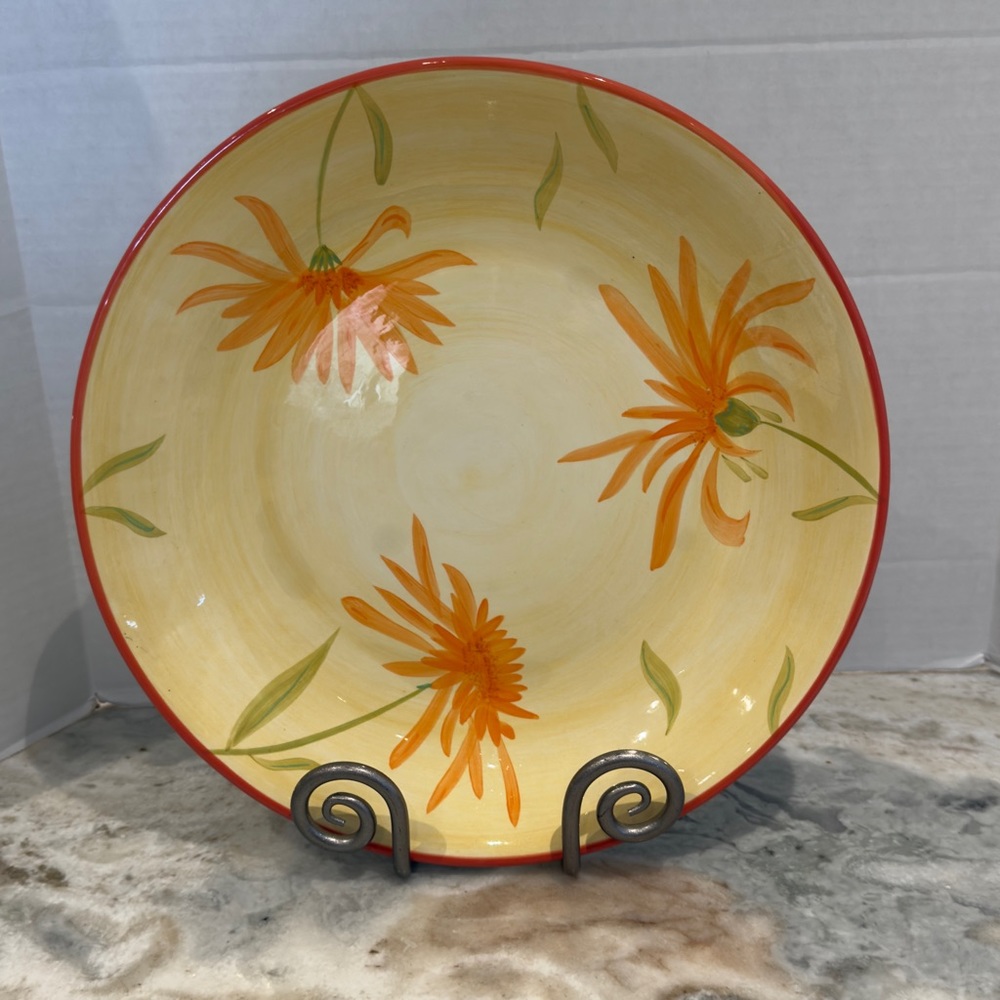 Crate & Barrel Yellow Gold Floral 14” Serving Bowl Platter Display Bowl